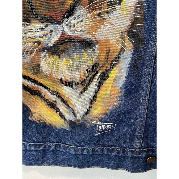 Vintage Levi's Blanket lined denim Jacket Handpainted Tiger Face Signed Sz 44 - Picture 8 of 10